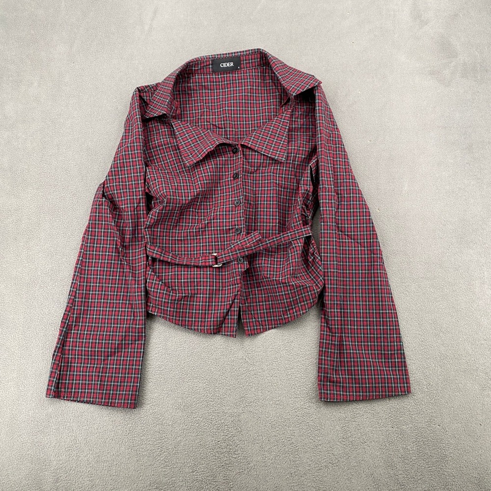 Cider Red Plaid Belted Button Down Shirt Y2K Cotton Tartan Top Small